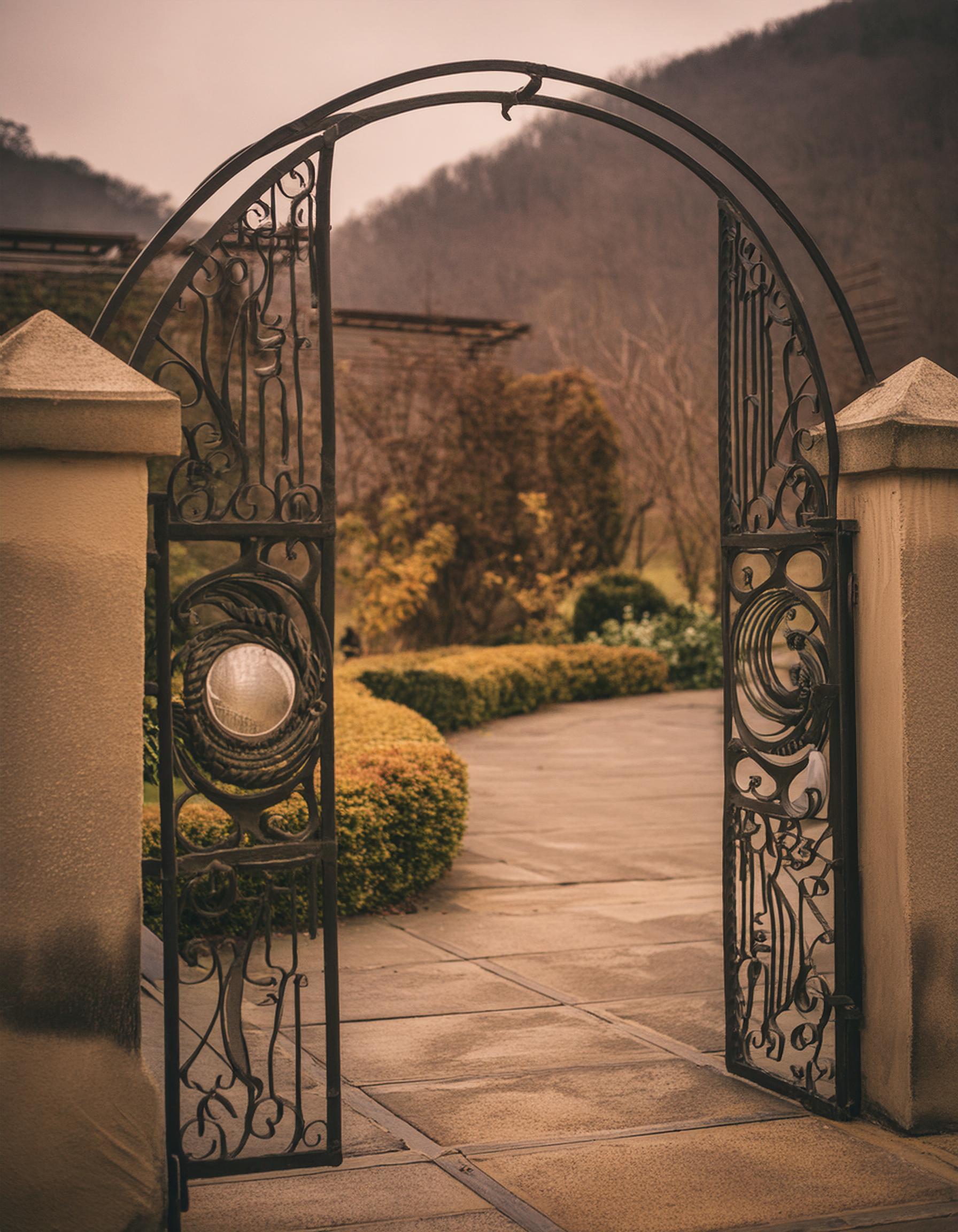 Firefly Create an outdoor scene showcasing custom iron gates, fences, and a firepit by Appalachian I(6)