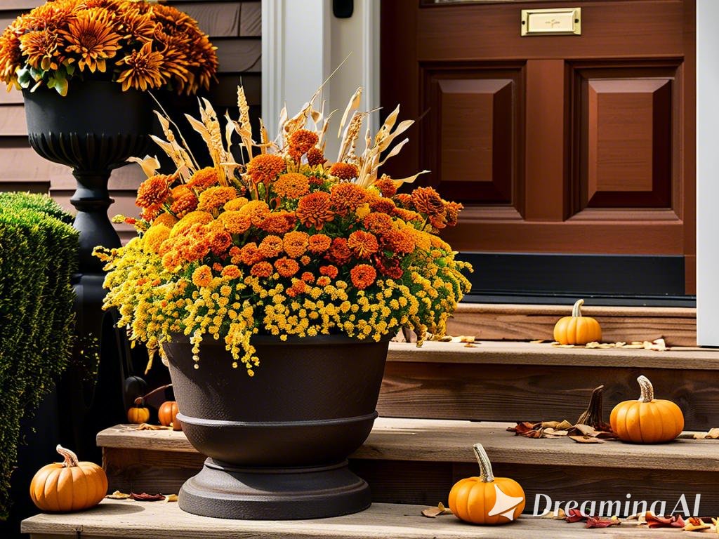 A cast iron ONLY planter on a front porch filled with fall arrangements—golden and orange mums, drie...