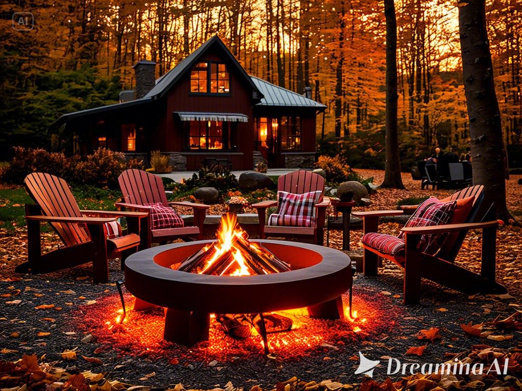 _A cozy outdoor scene with a large, rustic cast iron fire pit glowing with orange and red flames. Su...