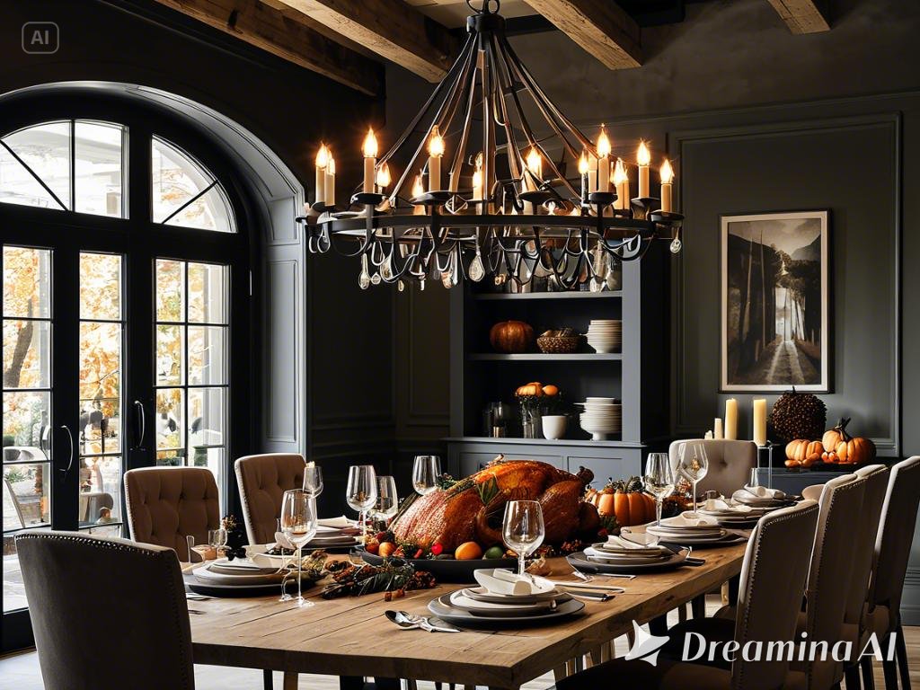 a rustic dining room in a modern setting with a large iron chandelier hanging above the dinner table...(2)