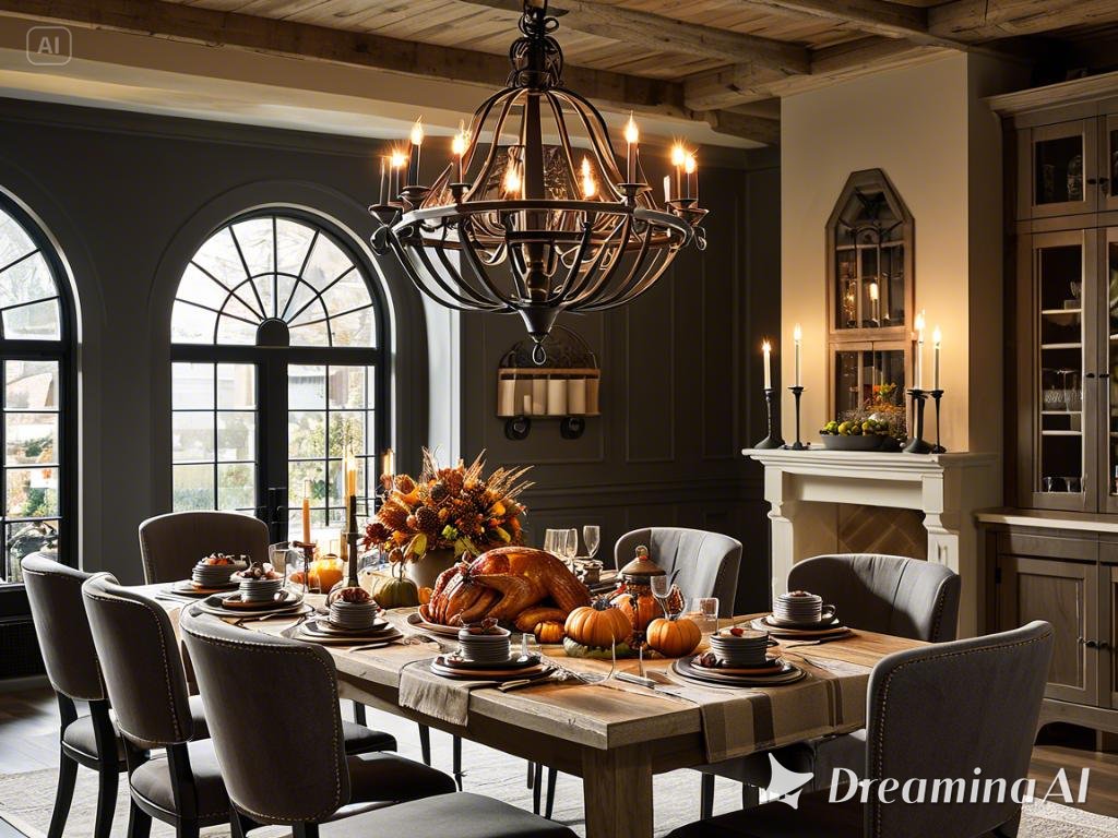 a rustic dining room in a modern setting with a large iron chandelier hanging above the dinner table...(3)