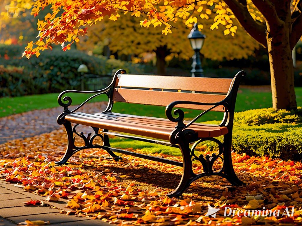 elegant iron bench positioned along a garden path covered by fall leaves with a cozy plaid blanket d...(3)